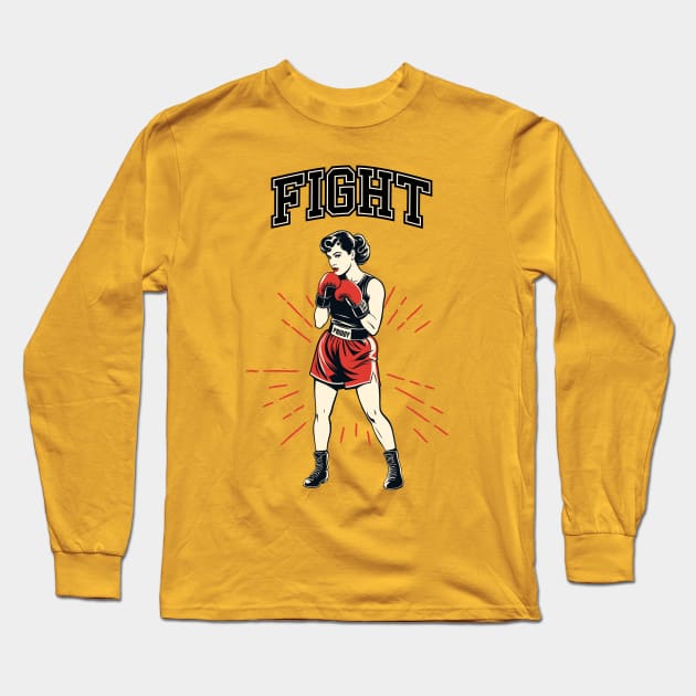 Fight! Retro Woman Boxer Long Sleeve T-Shirt by SunGraphicsLab